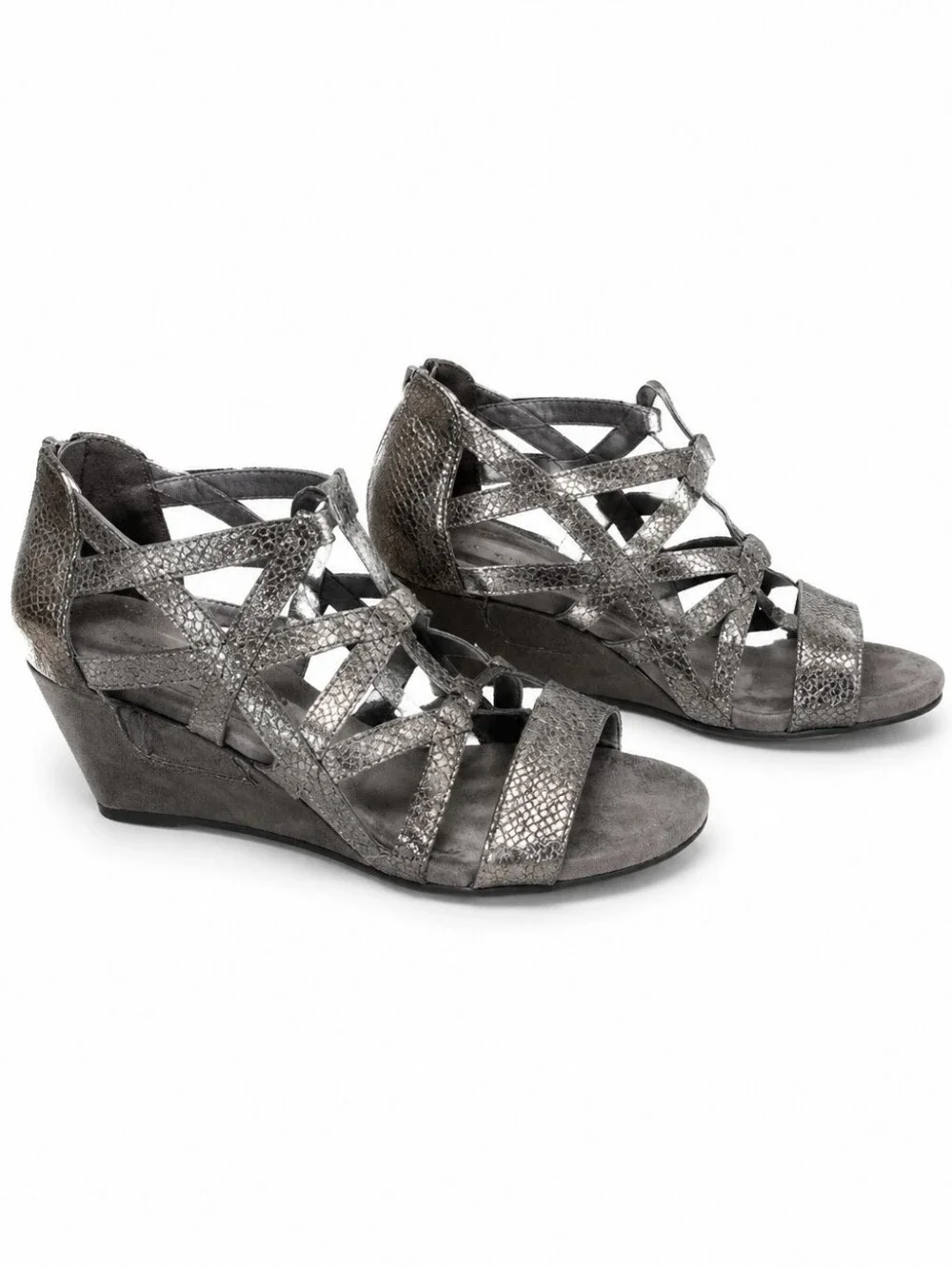 Metallic Gray Strappy Wedge Sandals. EUC
